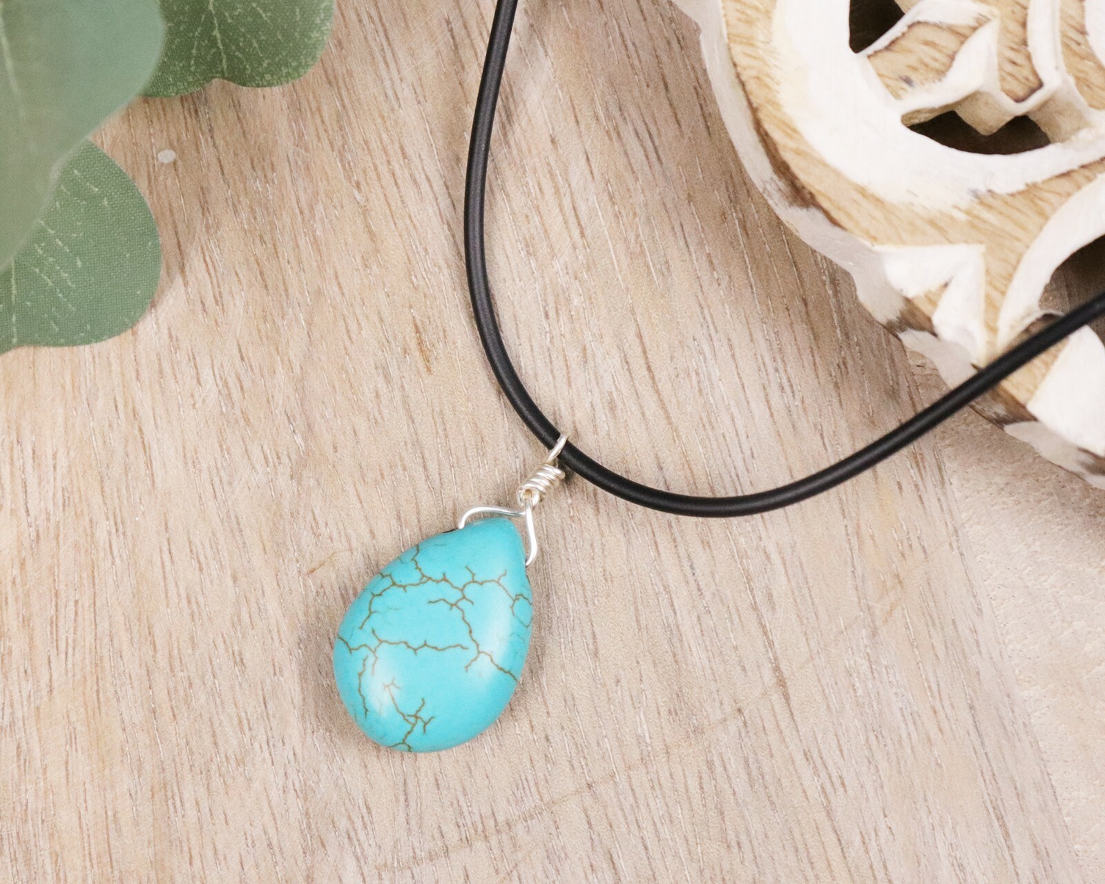 Teardrop Turquoise Pendant Necklace for Women with Leather Cord