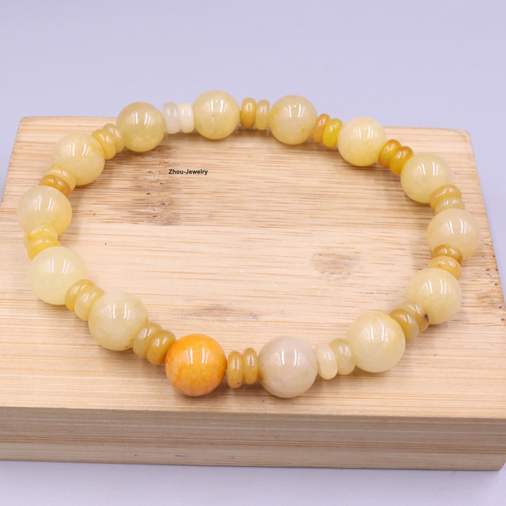 Natural Chinese Yellow Jade 10mm Bead Handmade Elastic Bracelet For Women