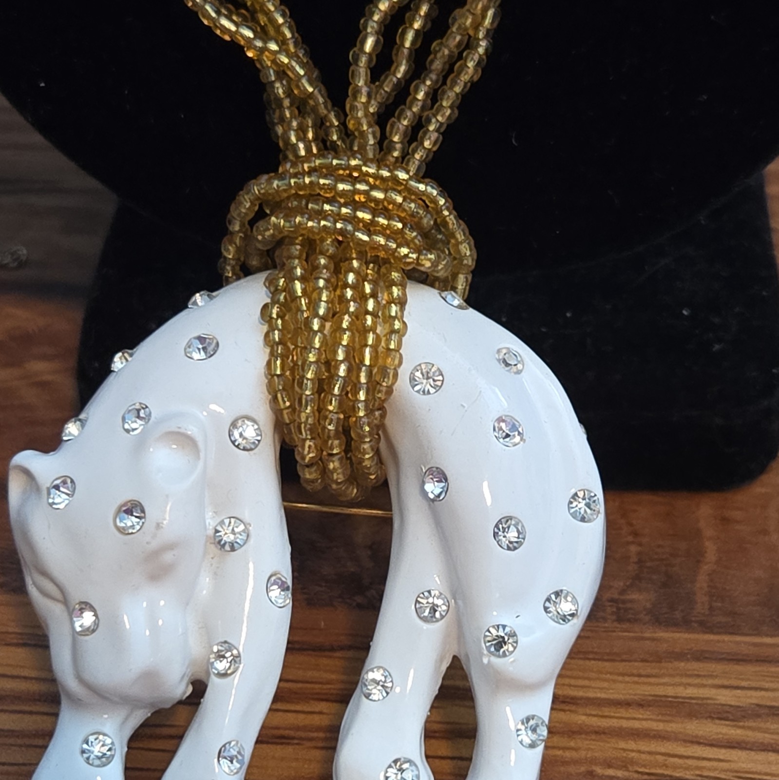 White Beaded Ball Chain Necklace Gold Tone Elephant Charm Pendant Rhinestones
