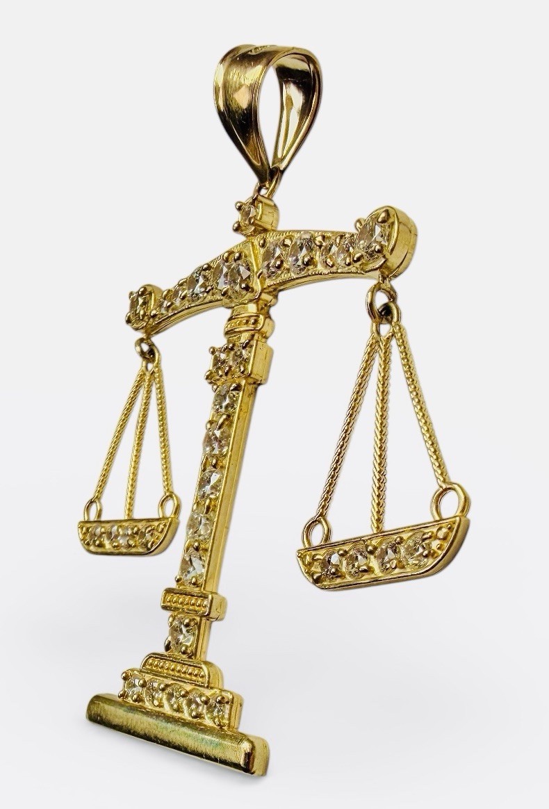 10K Gold VTG Gemstone Scale of Justice 2-1/2″ Pendant 8.8 Grams