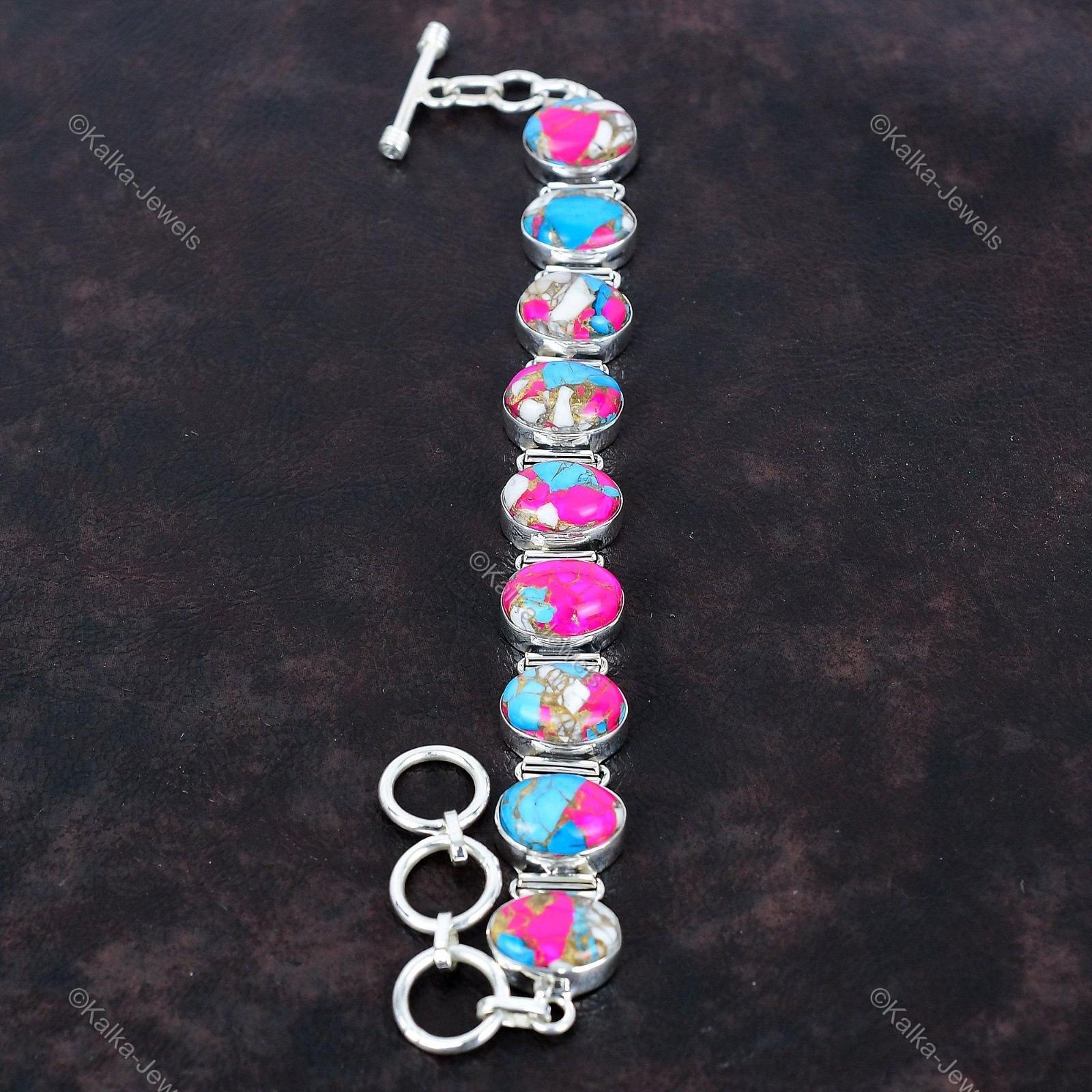 Cotton Candy Turquoise Gemstone Bracelet 925 Sterling Silver Adjustable Bracelet