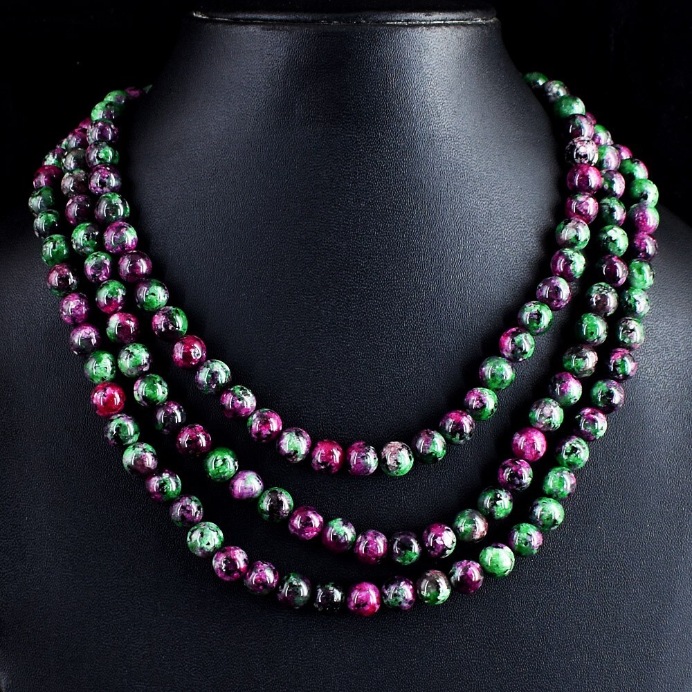 692 Cts Attractive 3 Strands Ruby Zoisite Round Shape Beaded Necklace VK 22 E668