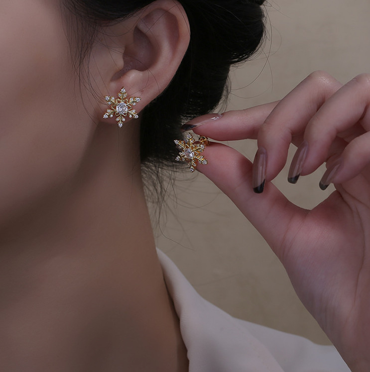 Silver / Gold / Rose Gold Snowflake Flower Pave CZ Stud Earrings