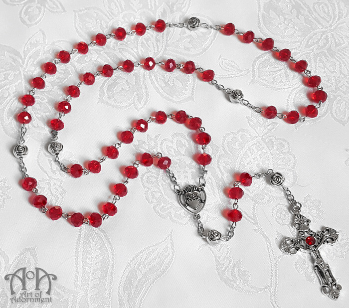 Gothic Silver RED GLASS ROSARY NECKLACE Beaded Sacred Heart Cross Rose Long