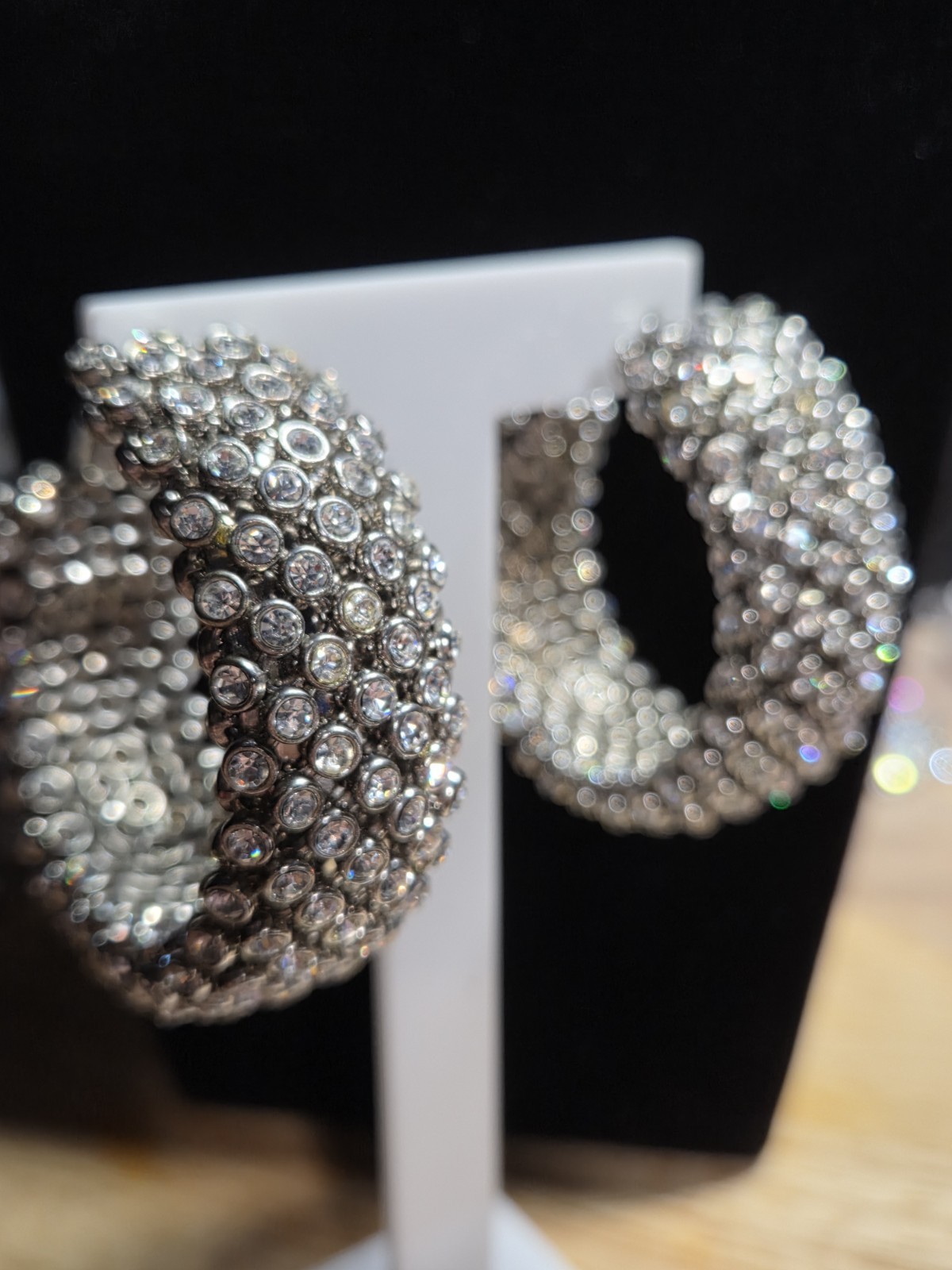 Silver Tone Clear Rhinestone Wide Hoop Earrings 2″ Sparkly Latch Back