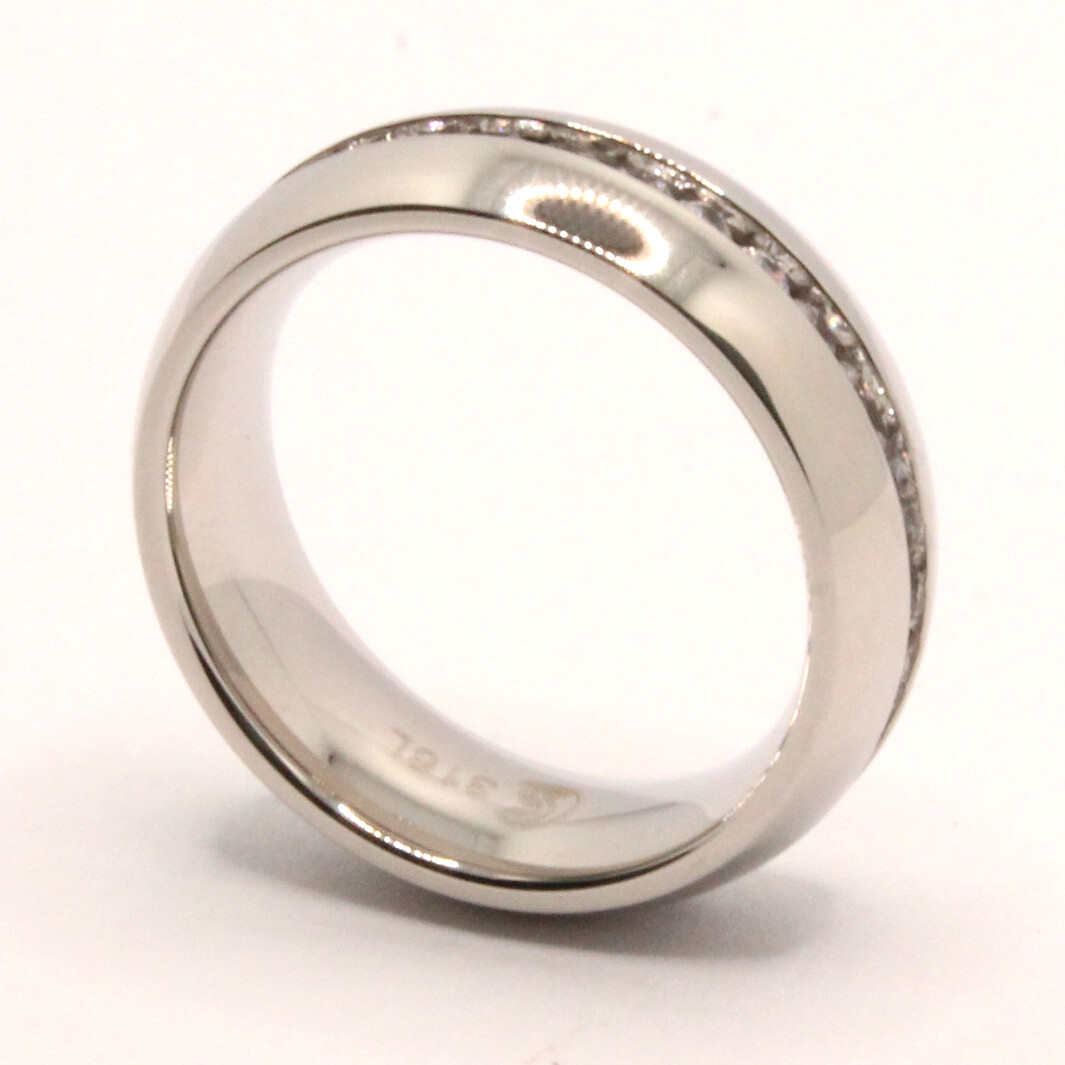 Stainless Steel Plain High Polished Domed 2mm CZ Eternity Wedding Band Ring 7mm