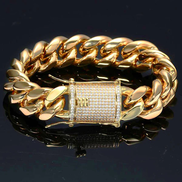 14k Gold Plated Stainless Steel Miami Cuban Link Bracelet Or Chain with CZ Clasp