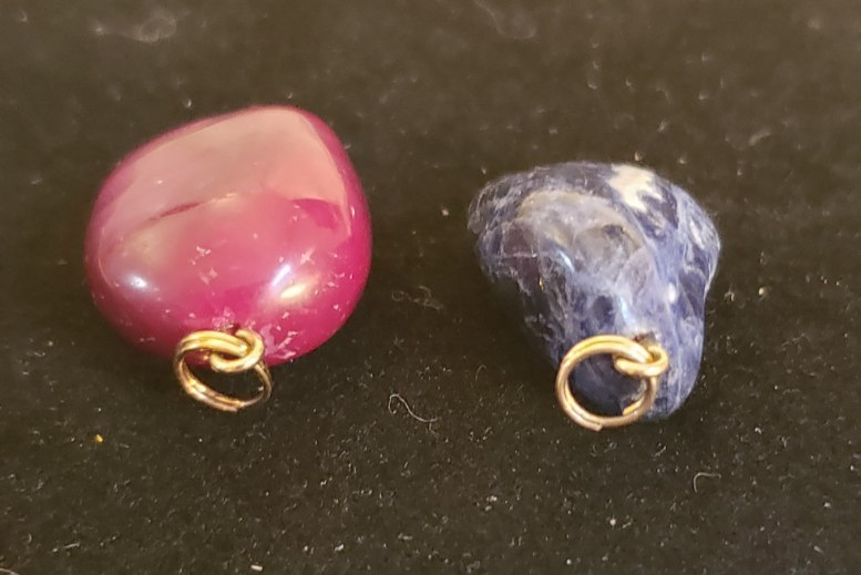 Whimsical, Boho, Earthy – Two Polished Stone Pendants – Red/Burgundy and Blue