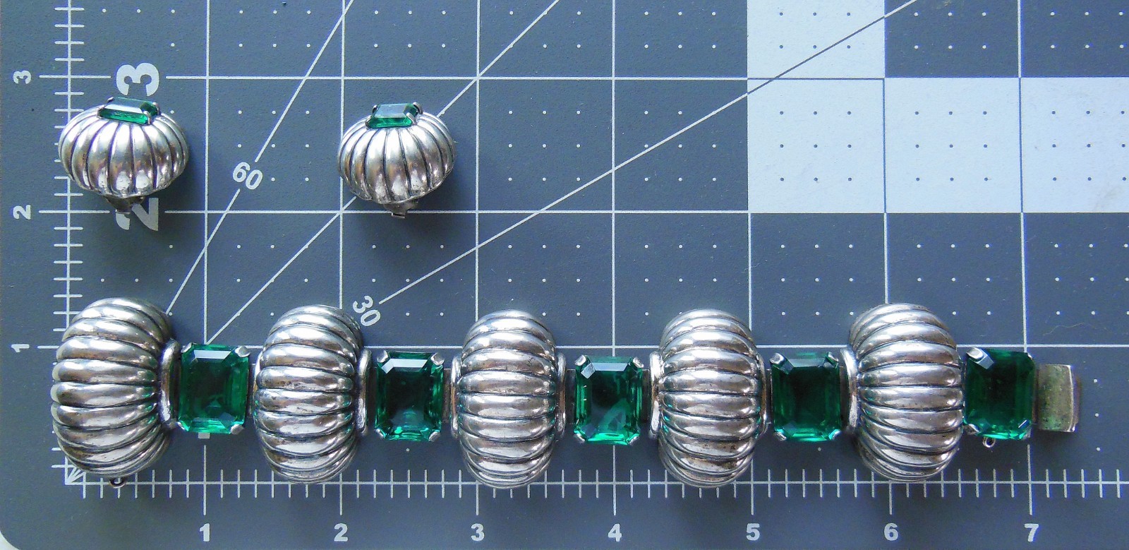Vintage 40’s BOUCHER PARISINA Mexico Sterling Green Glass Bracelet & Earring SET