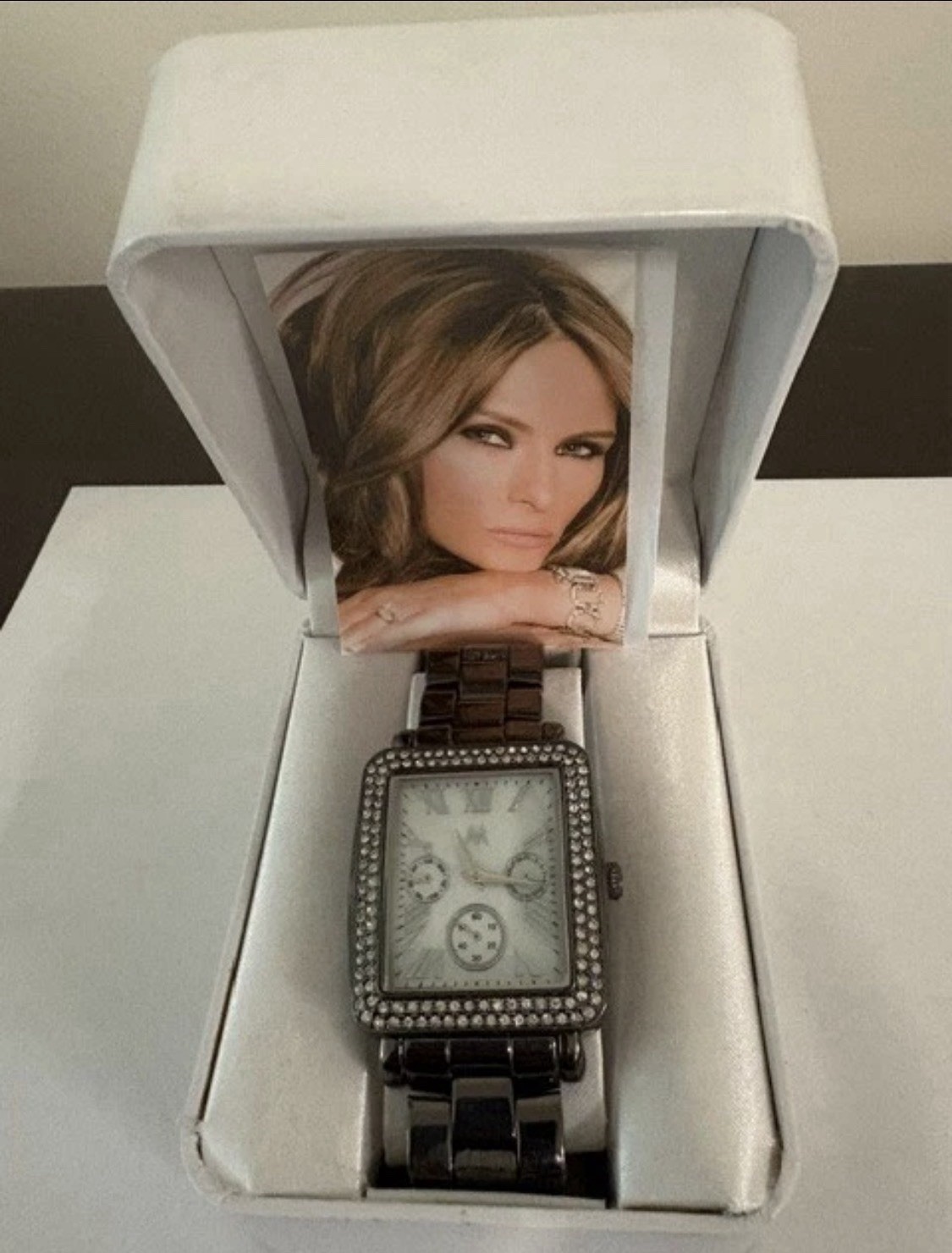 Melania Trump Women’s Crystal Bezel Wristwatch Black Gray Box & Card