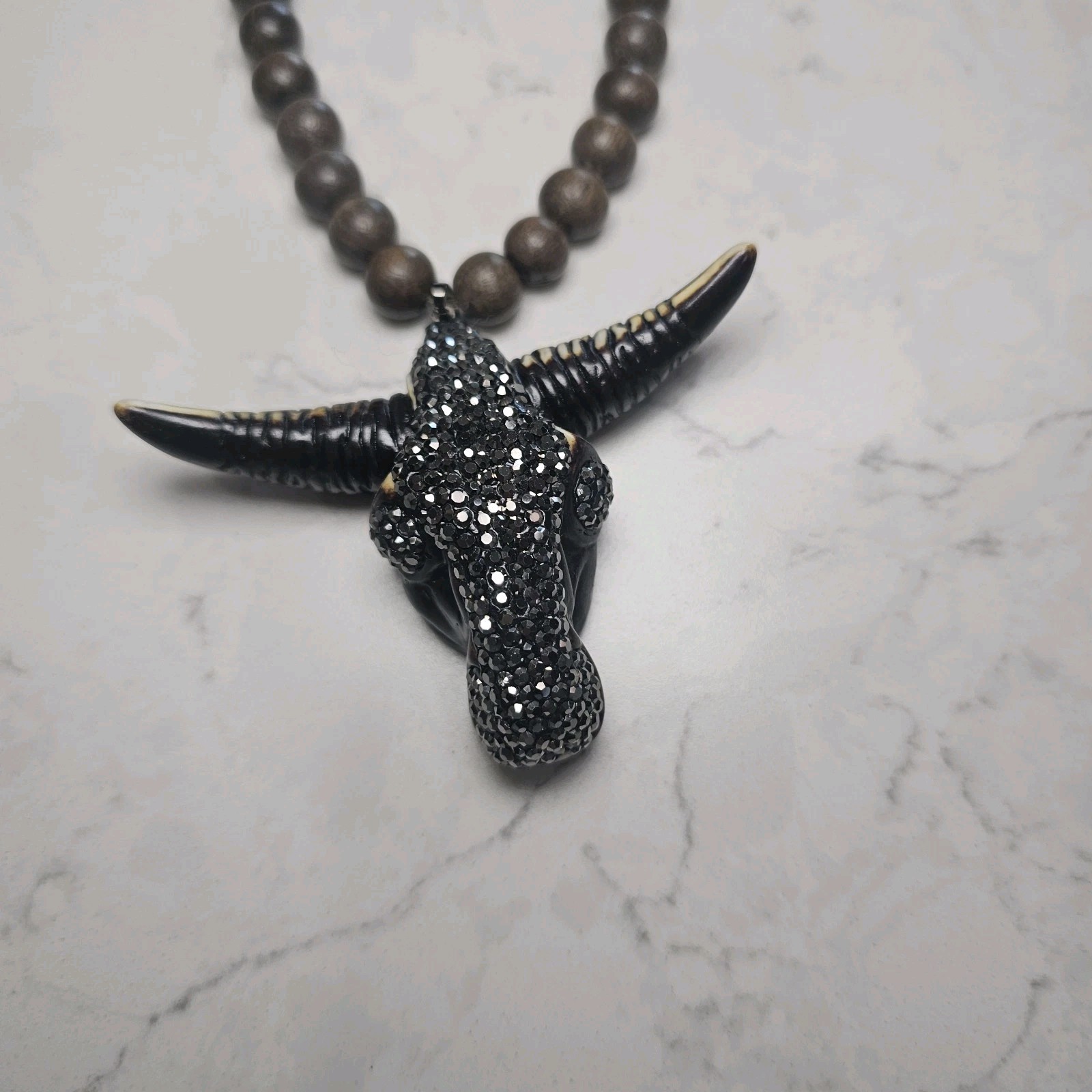 Rhinestone Bull Head Pendant Necklace Dark Brown Beads Long 20″ Bohemian Style