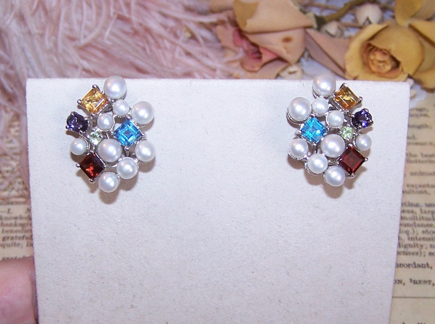 ROSS SIMONS Sterling Silver Cultured Pearl and Multi Gemstone Earrings