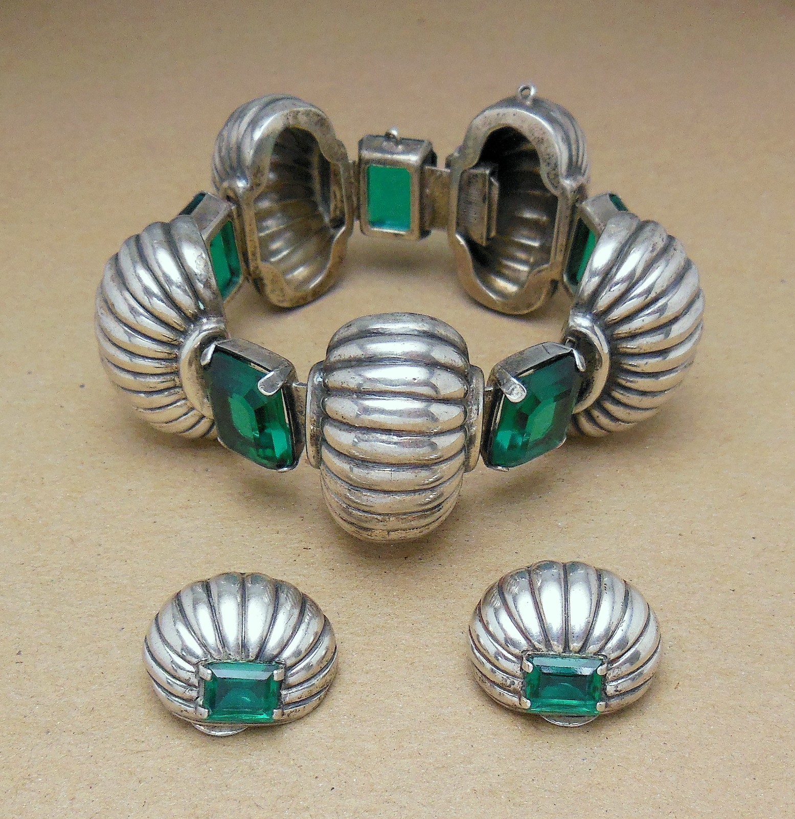 Vintage 40’s BOUCHER PARISINA Mexico Sterling Green Glass Bracelet & Earring SET