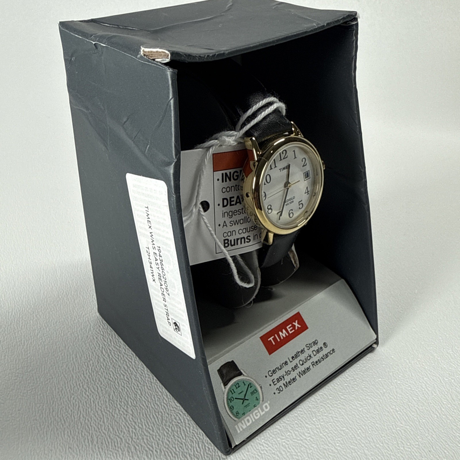 New Timex Women’s T2H341 WX Easy Reader 25mm Black Leather Strap Watch Indiglo