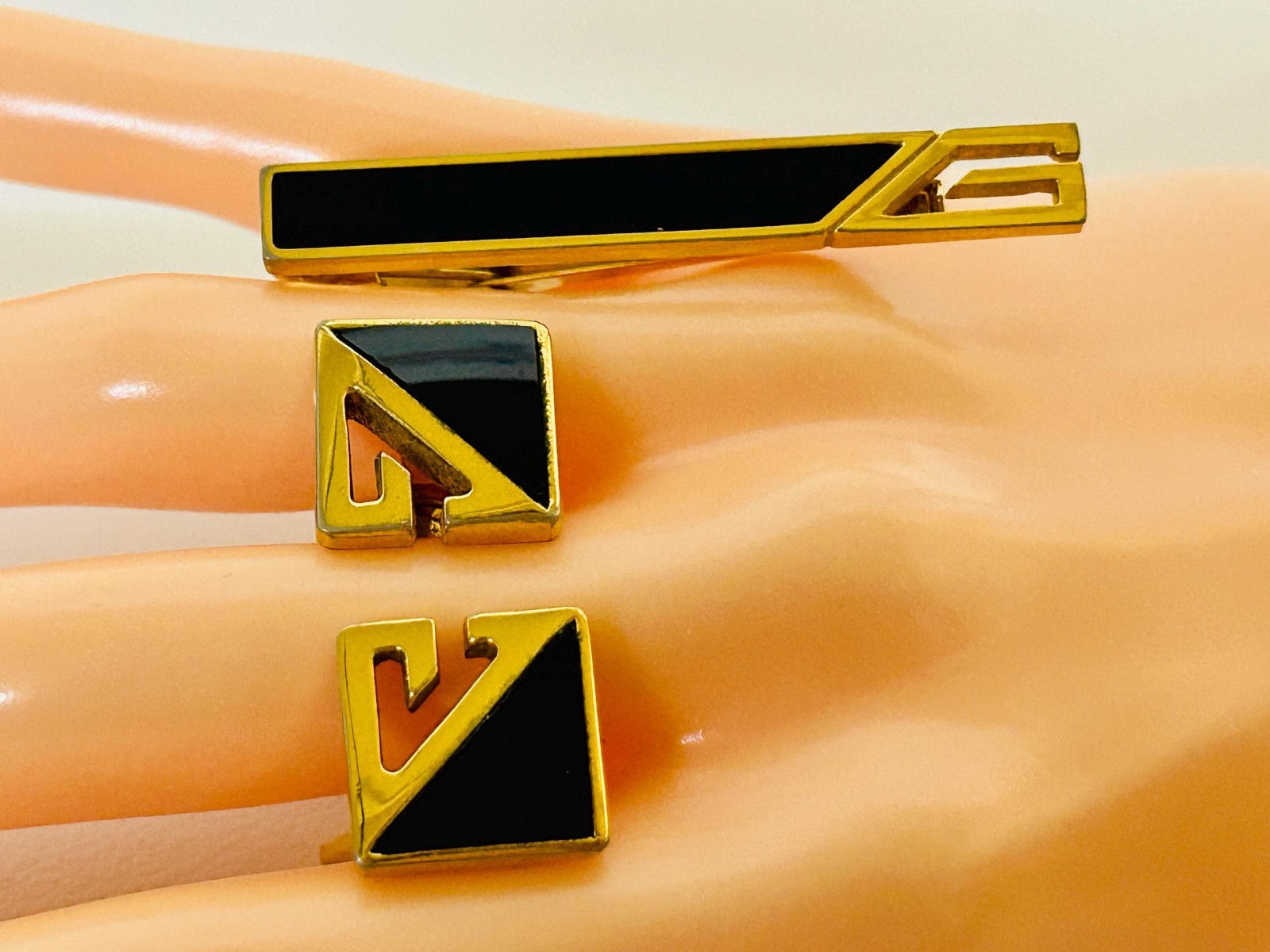 Vintage Givenchy Cufflinks and Tie Clip Black Onyx G Logo Gift for Him