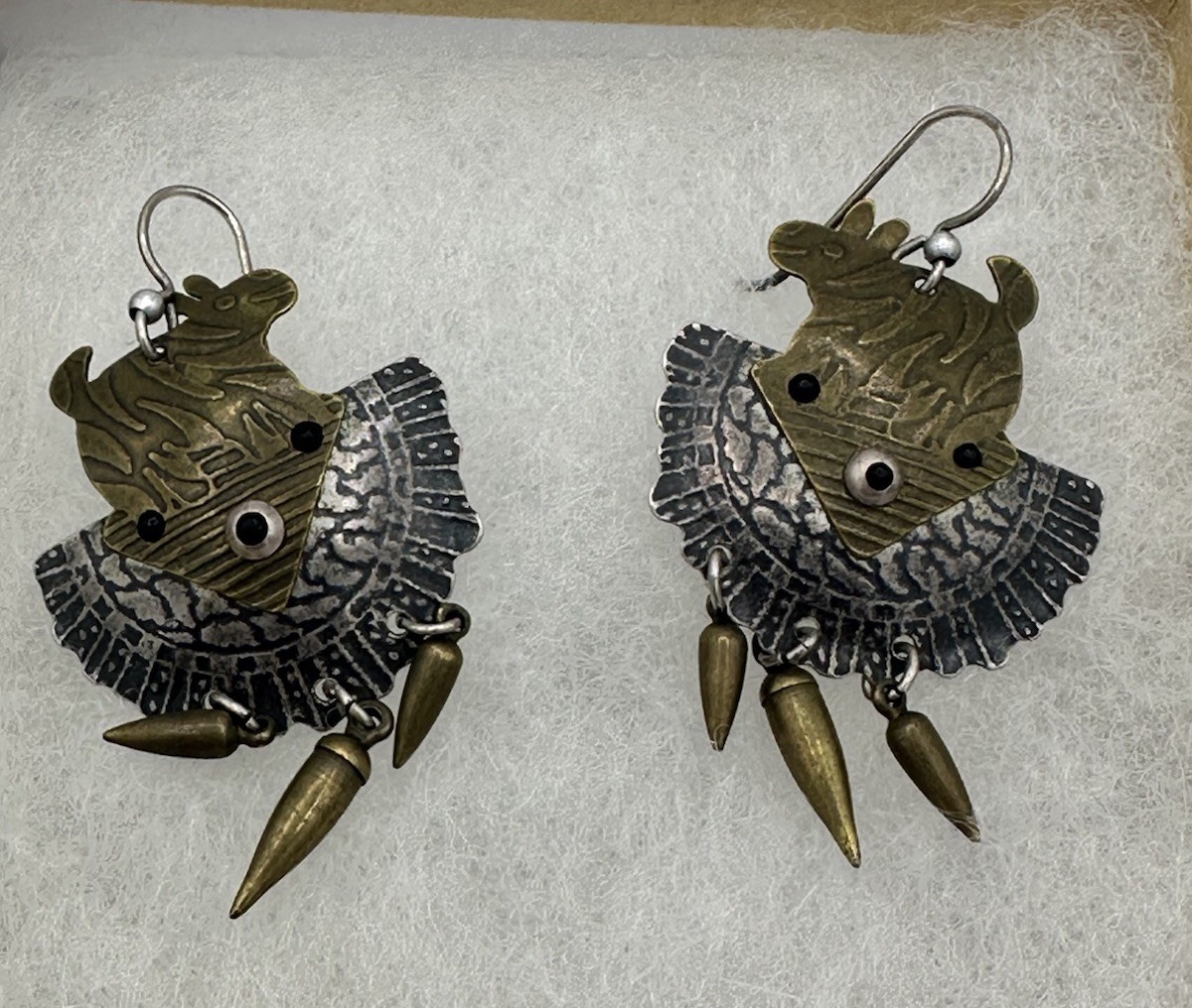 Jane Carpenter Millodot Mixed Metal Sterling Silver Brass Figural Earrings Dangl