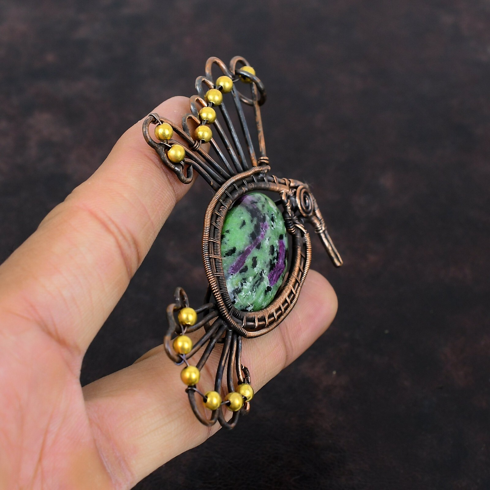 Ruby Zoisite Wire Wrapped Bird Pendant Handcrafted Copper Dailywear 4.17″