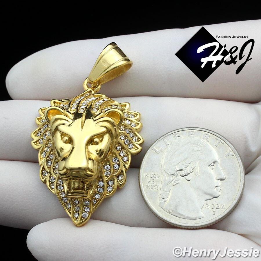 MEN’s Stainless Steel ICY Bling CZ 3D Gold Plated Lion Face Pendant*GP134
