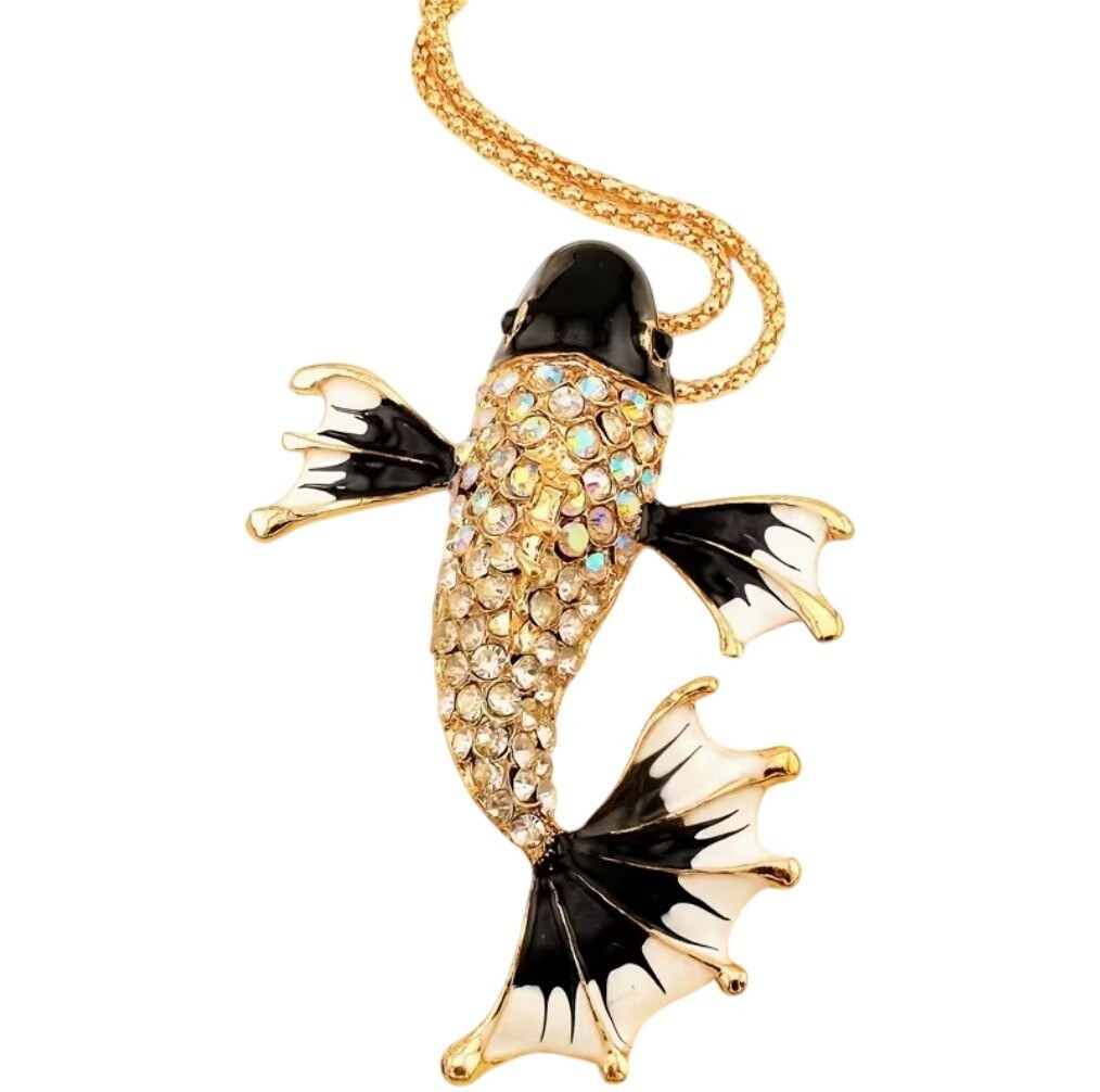 Betsey Johnson Black & White Crystal Koi Fish Pendant Necklace Gold Tone