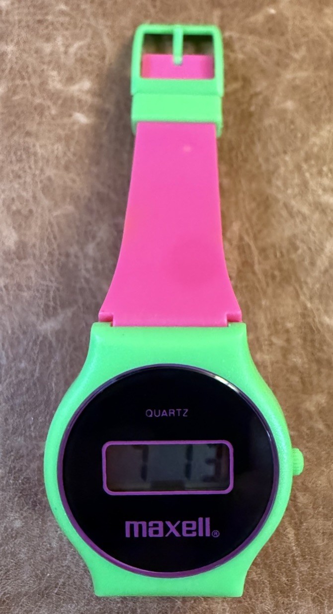 Vintage Quartz Promotional Maxell Digital Watch In Neon Green And Pink.