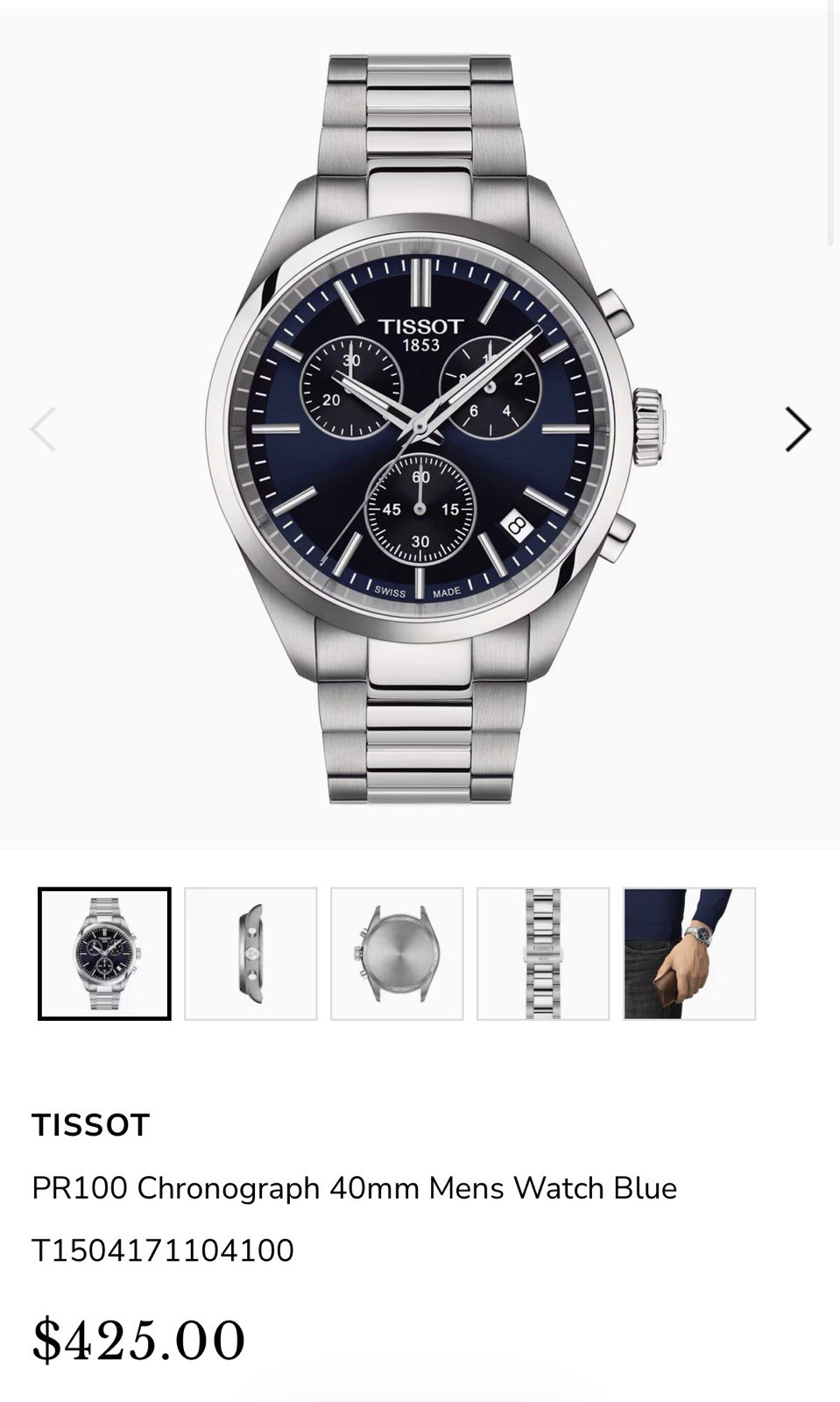 Tissot PR 100 Chronograph 40mm Blue Dial Quartz Date 100m Box & Papers