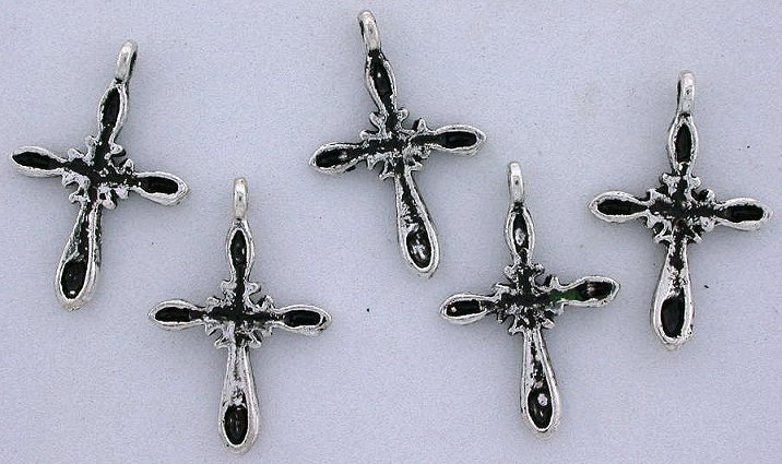 Set Of 5 Silver Color Antiqued Cross Pendant Focal 1 1/10 Inches x 7/10 Inch