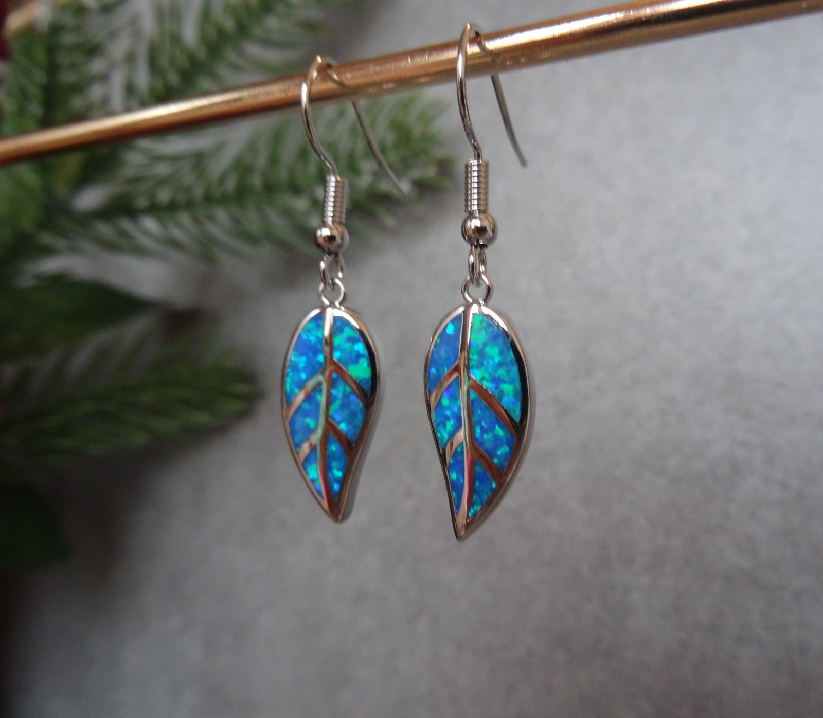 Opal Leaf Earrings Blue Fire Opal Earrings with Leaf Opal Pendant Stainless Steel