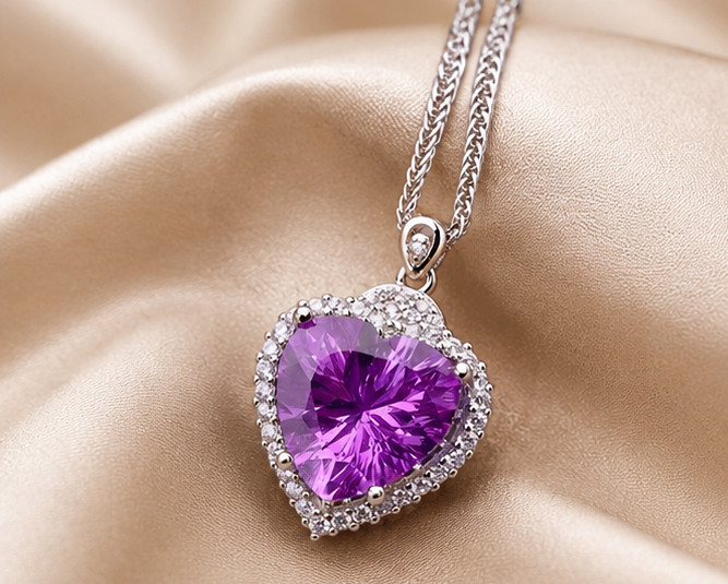 3Ct Heart Cut Simulated Amethyst Stunning Pendant Necklace 14K White Gold Plated