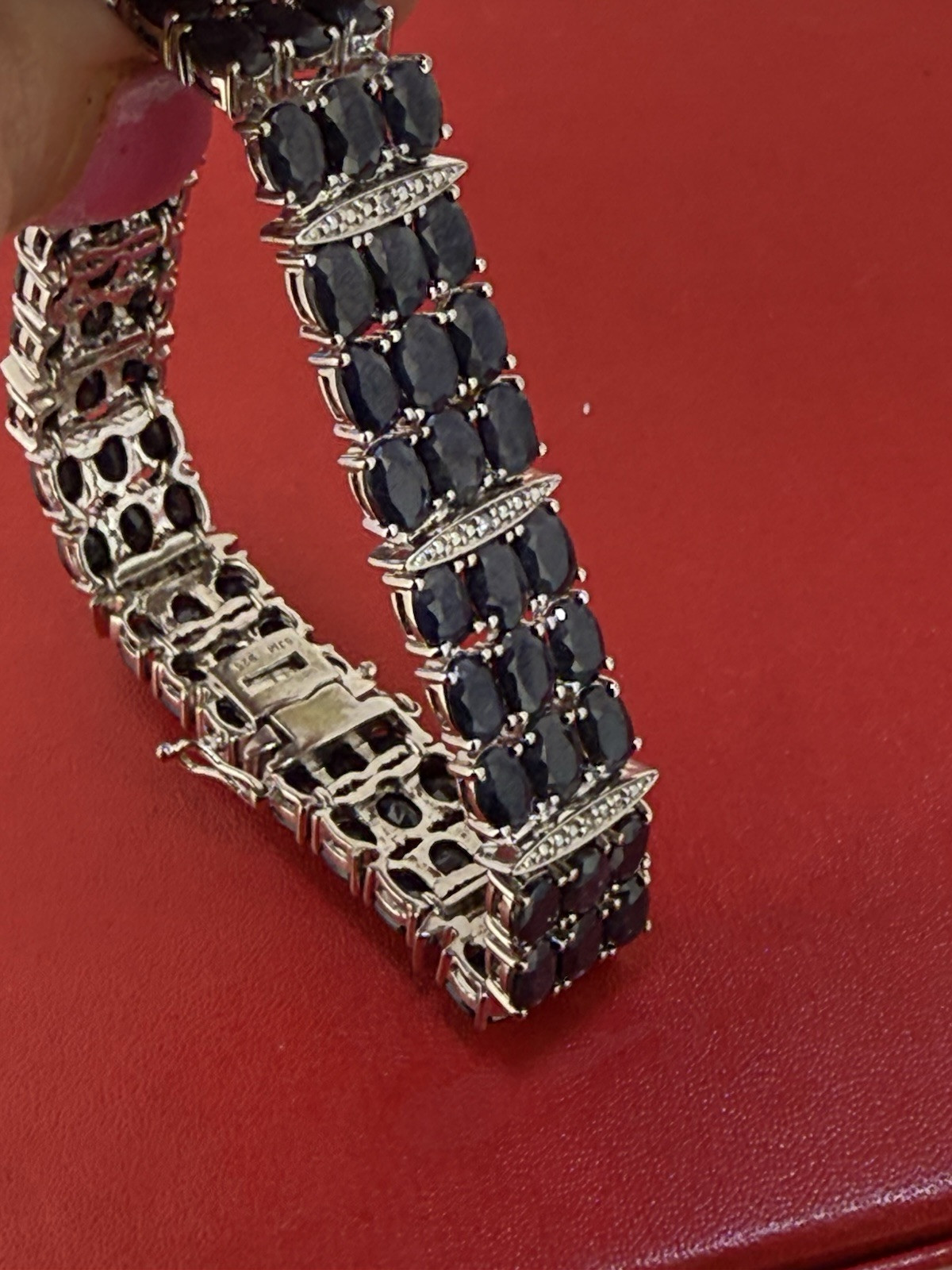 Vintage SJM Sterling Silver Blue Sapphire & Diamond Bracelet 7.5 Inch Long