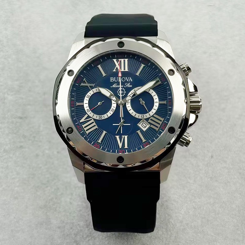 Bulova Marine Star 98B258 Blue Dial Black Rubber Strap Quartz Men’s Watch 44mm
