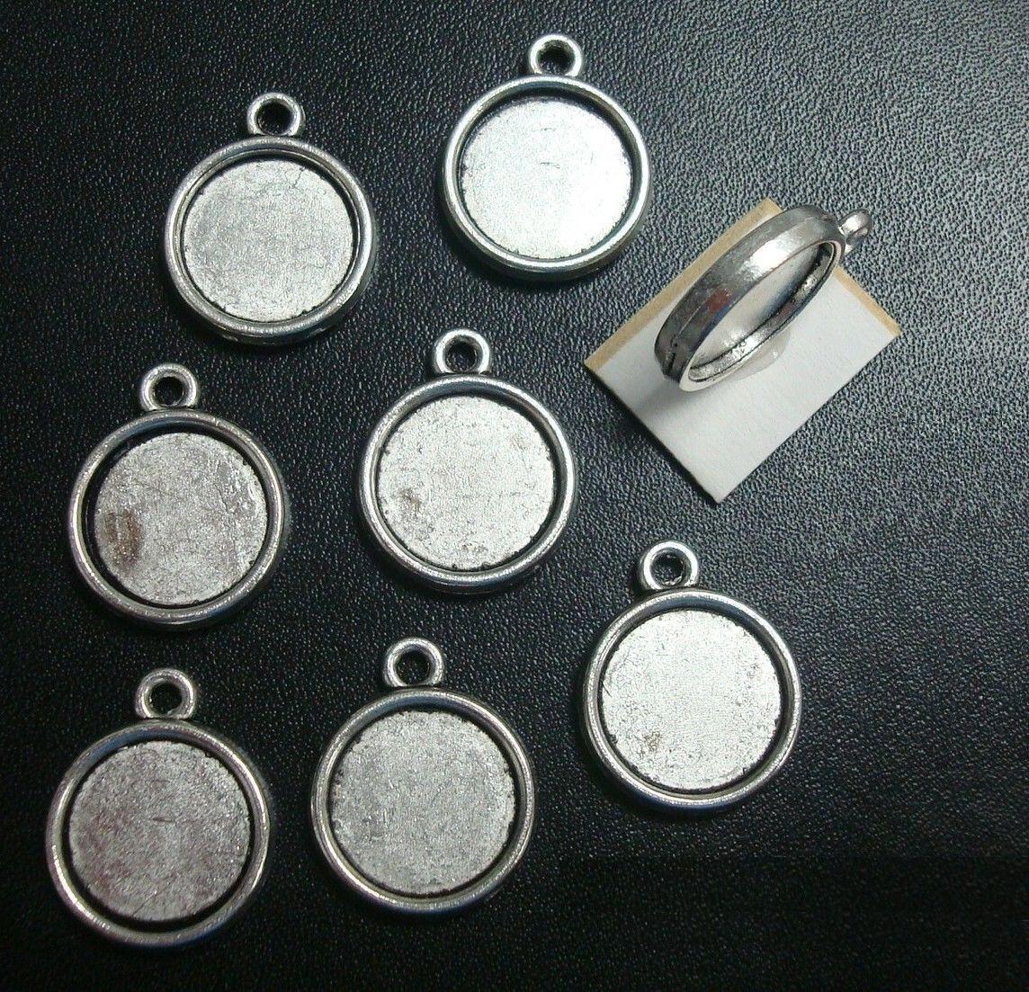 8 Plain Bezel tray settings Silver pl 12mm cabochon pendant earring charm fpe075