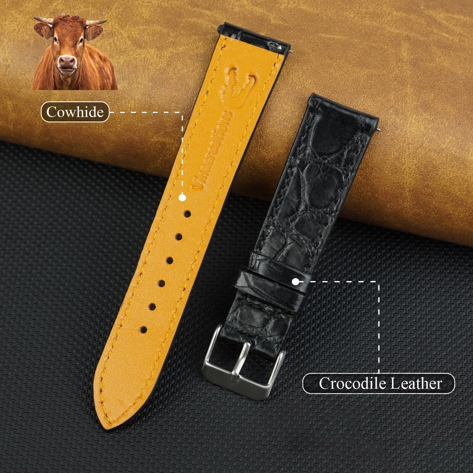 Flat Crocodile Leather Watch Band Men Real Crocodile Watch Strap Quick Release