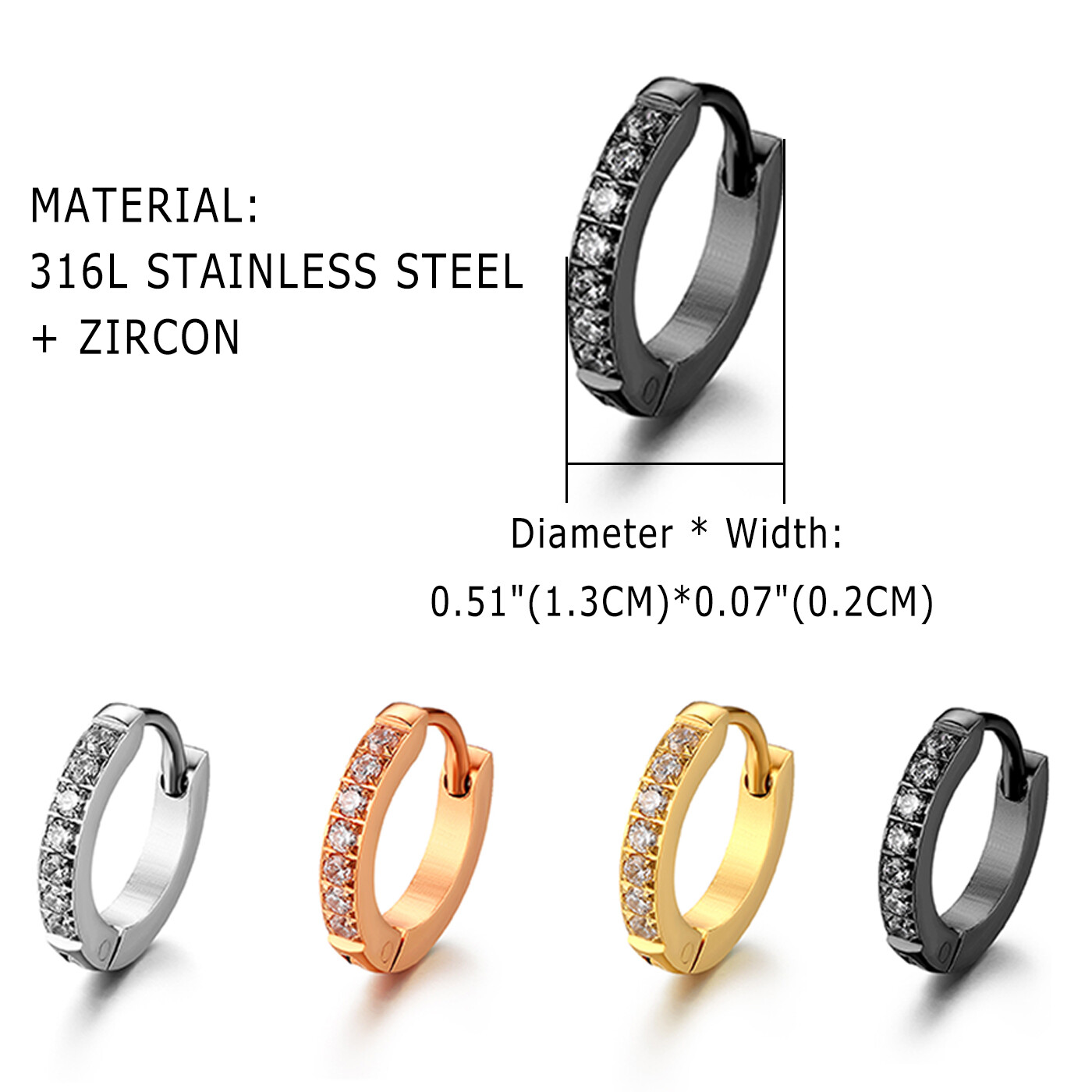 2pcs Men’s Women’s Stainless Steel CZ Inlaid Small Huggie Hinged Hoop Earrings