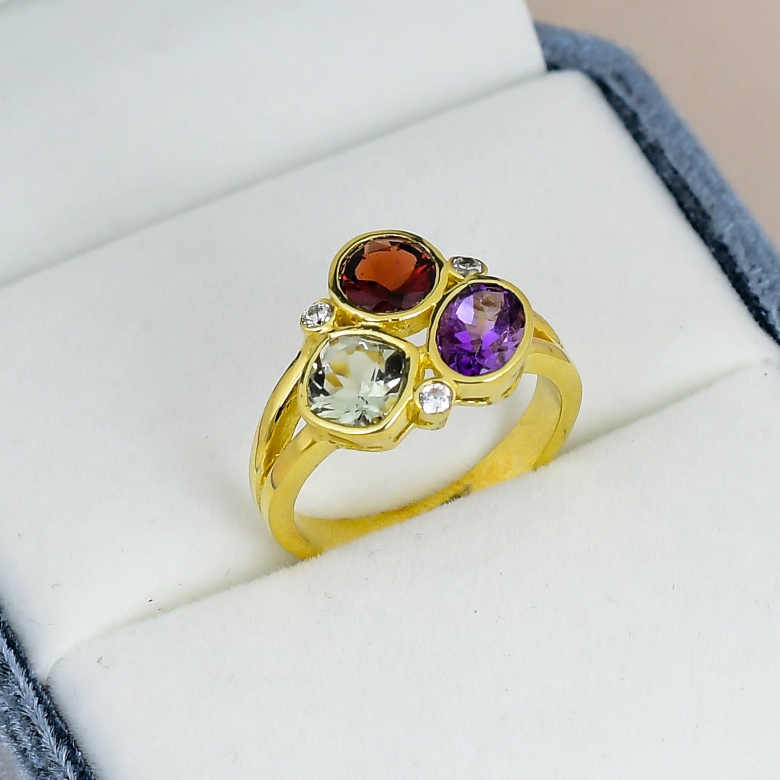 Garnet,Amethyst ,Green Amethyst Ring 18K Gold Plated 925 Silver Three Stone