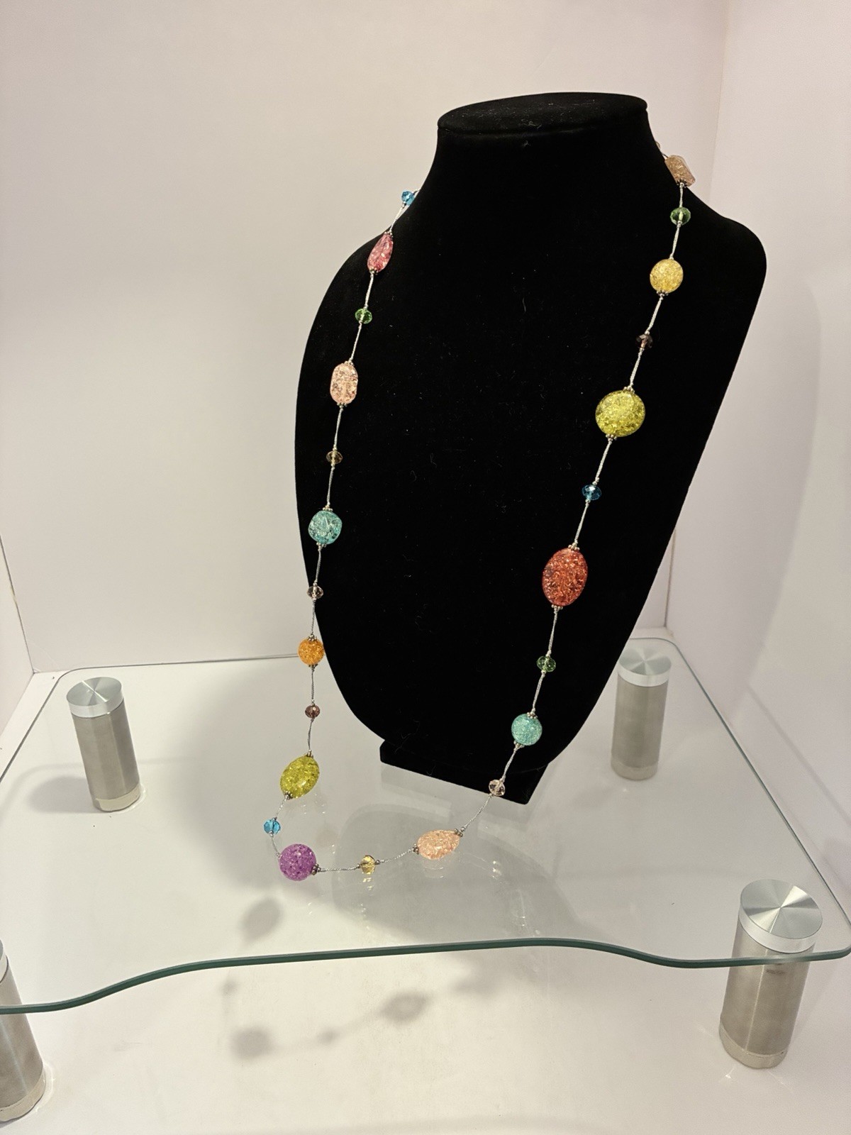 Premier Designs Multicolor Crackle Bead Necklace Rainbow Station Long 38”