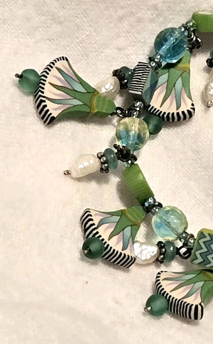 ​Designer Boho Chic Green Millefiori & Pearl Dangle Charm Toggle Bracelet