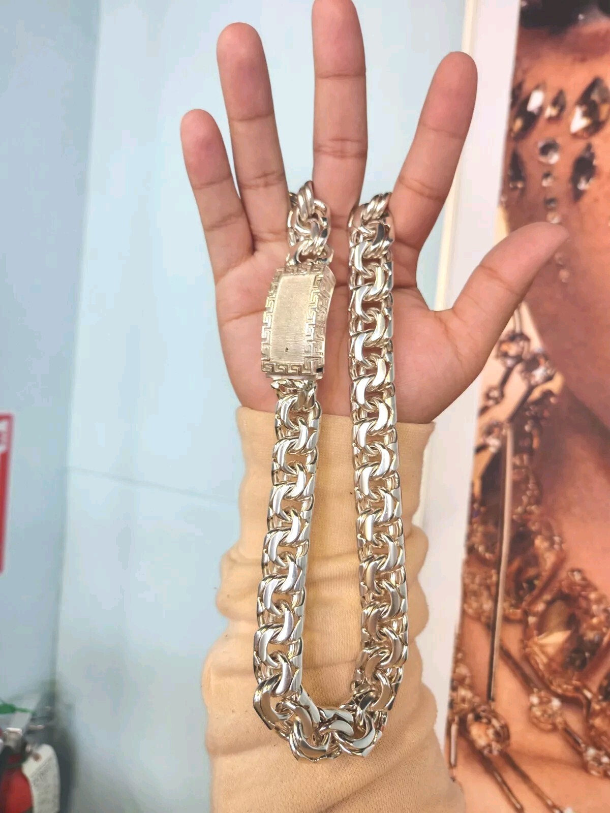 396 Gram 24 Inch Chino Link Chain Sterling Silver Solid Greek Key Lock Necklace