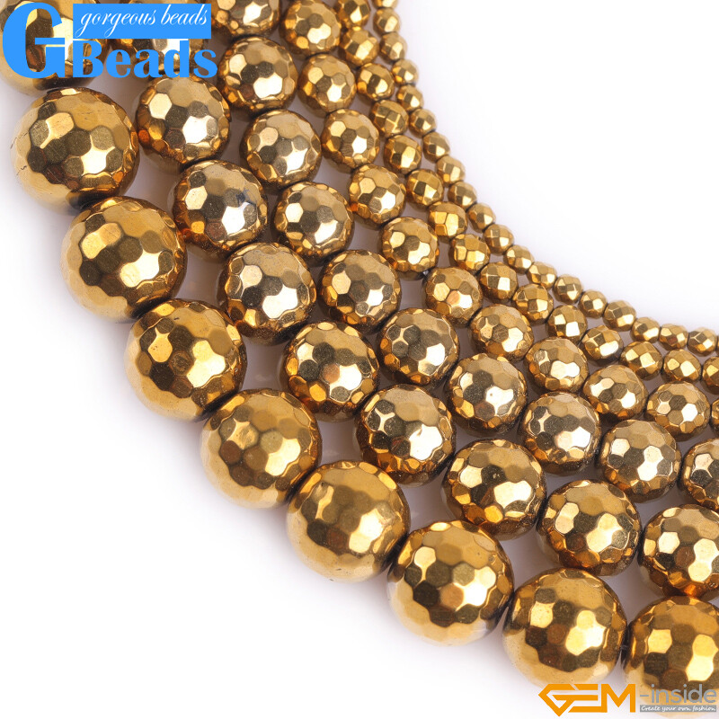 Gold Metallic Coated Reflections Hematite Faceted Round Beads 15″ Free Shipping