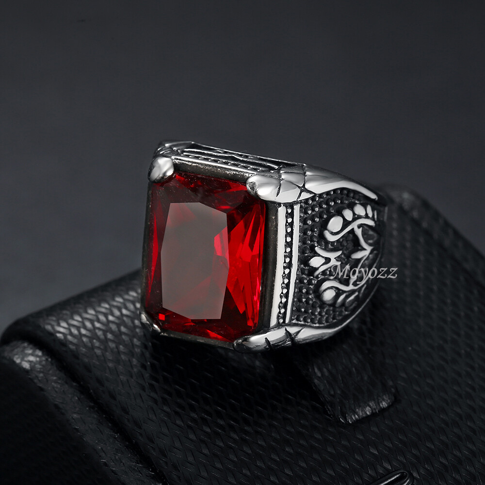 Mens Blue Red CZ Aquamarine Square Stone Ring Stainless Steel Size 7 8 9-15 Gift
