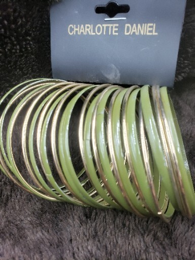 Charlotte Daniels Large Lot of Goldtone And Green Bangle Bracelets New on Tag