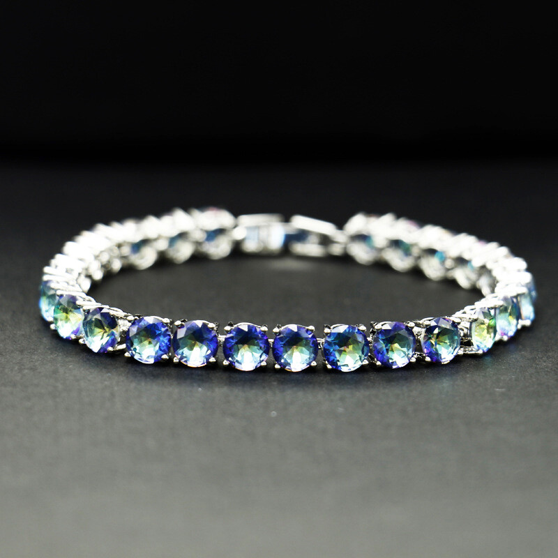 New Round Cut Rainbow Blue Fire Topaz Gemstone Silver Charm Women Bracelets