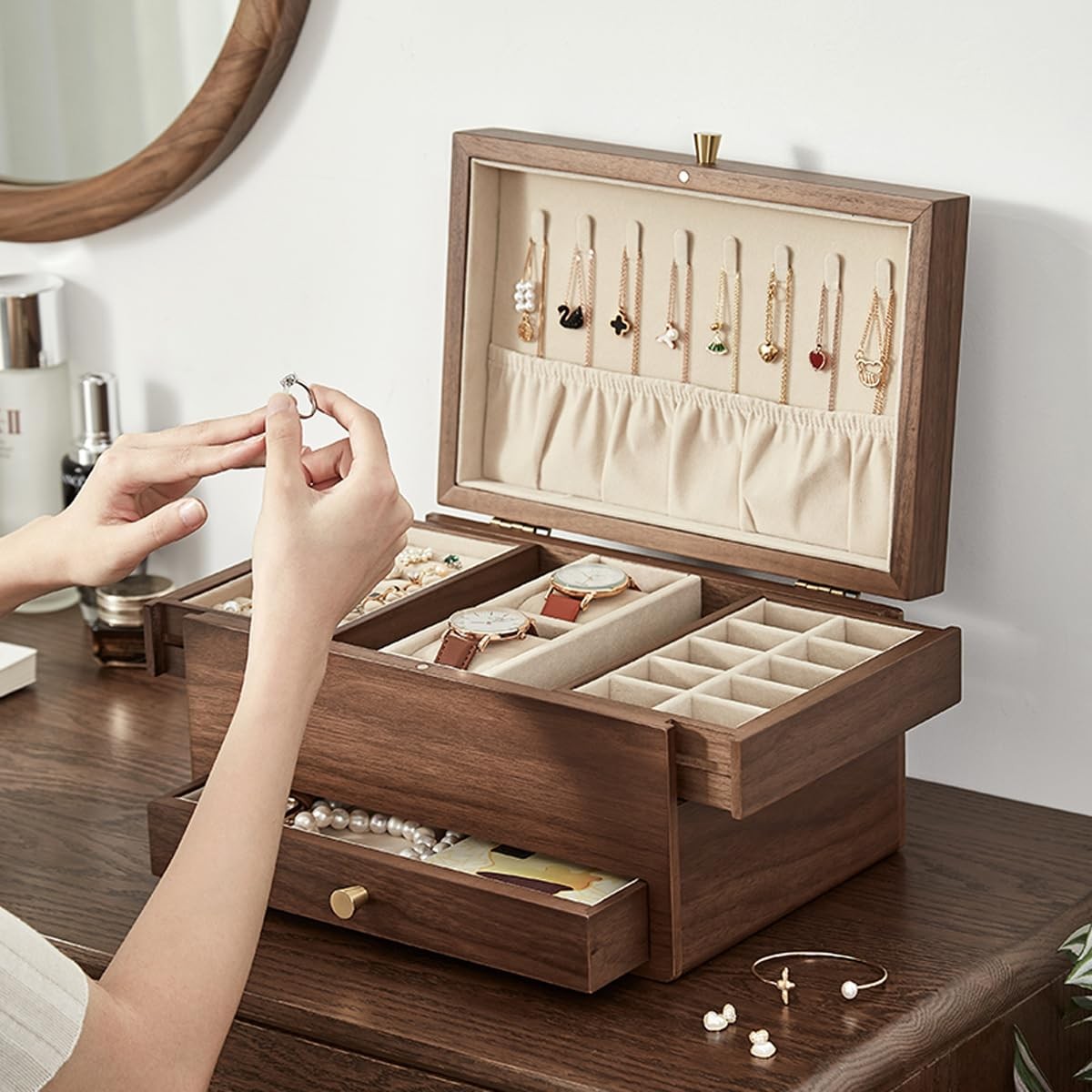 Black Walnut Wooden Jewelry Box for Women, 3 Level Multifunctional Drawer Org…