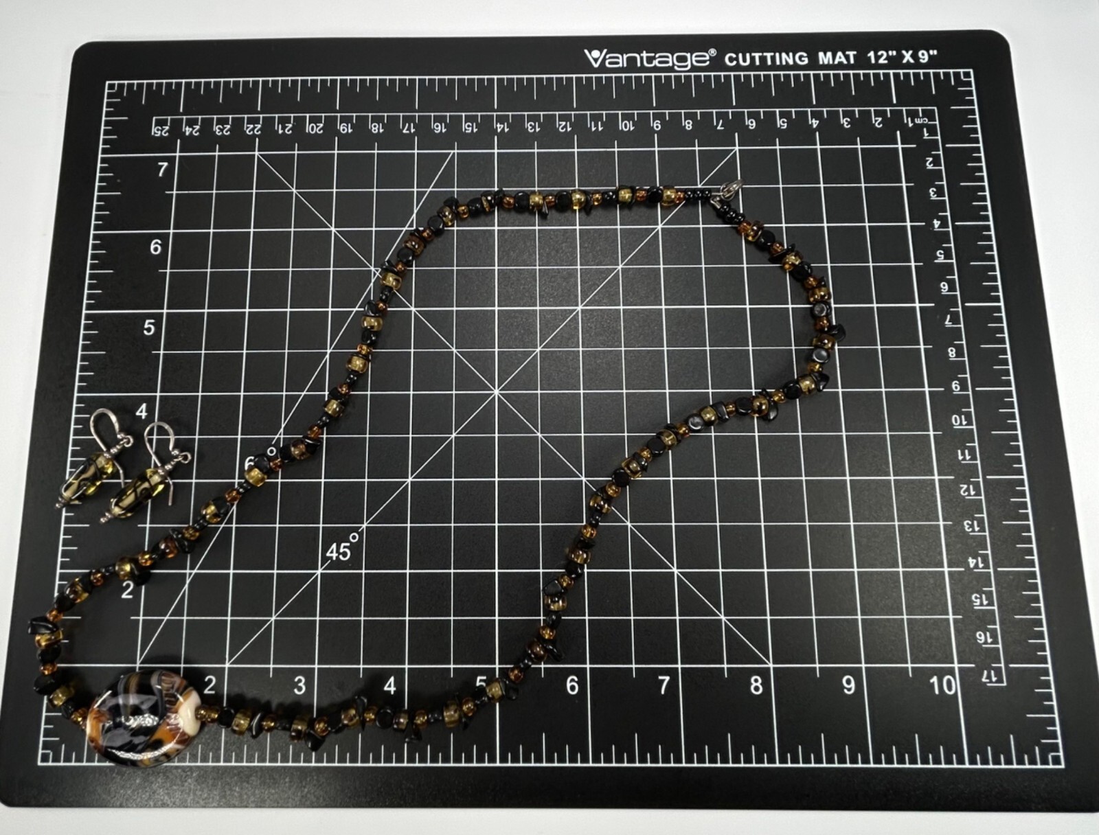 925 Glass Beaded Necklace Earrings Set Swirled Orange Amber Brown Black White
