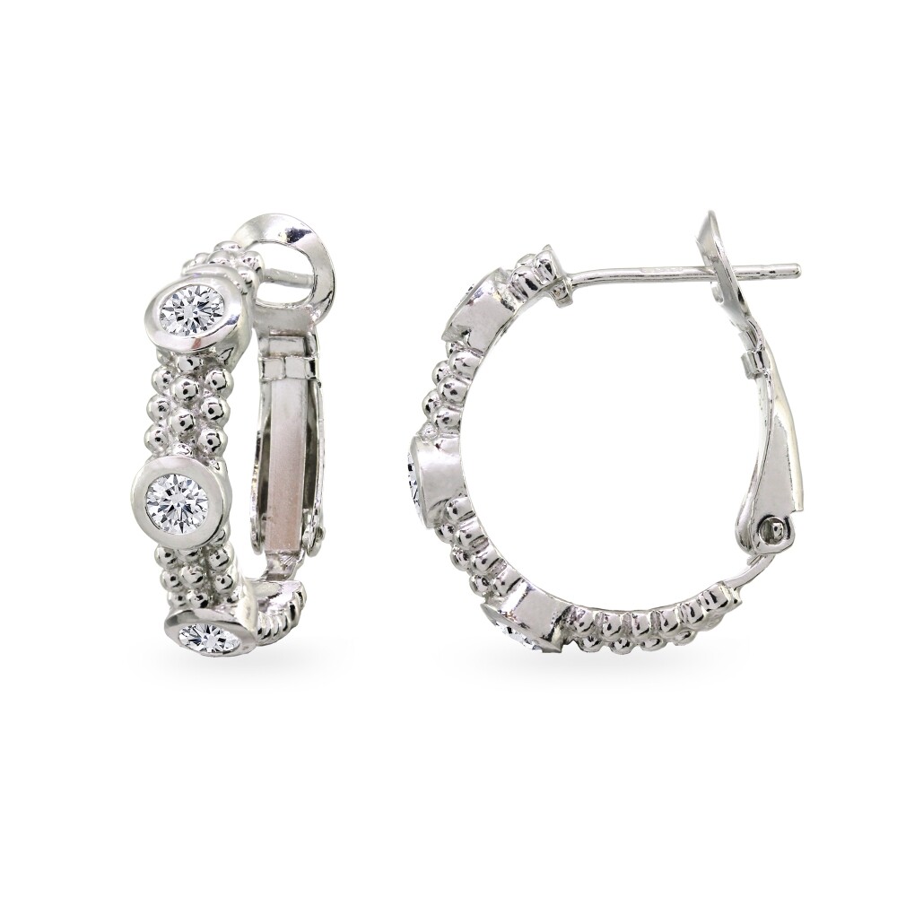 Round Bezel-Set Cubic Zirconia Clutchless Sterling Silver 20mm Hoop Earrings