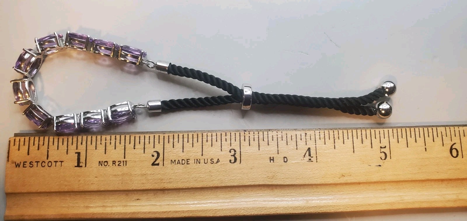 NIB 925 Sterling Amethyst Gemstone TESTED Slide Bracelet W/ Black Cord