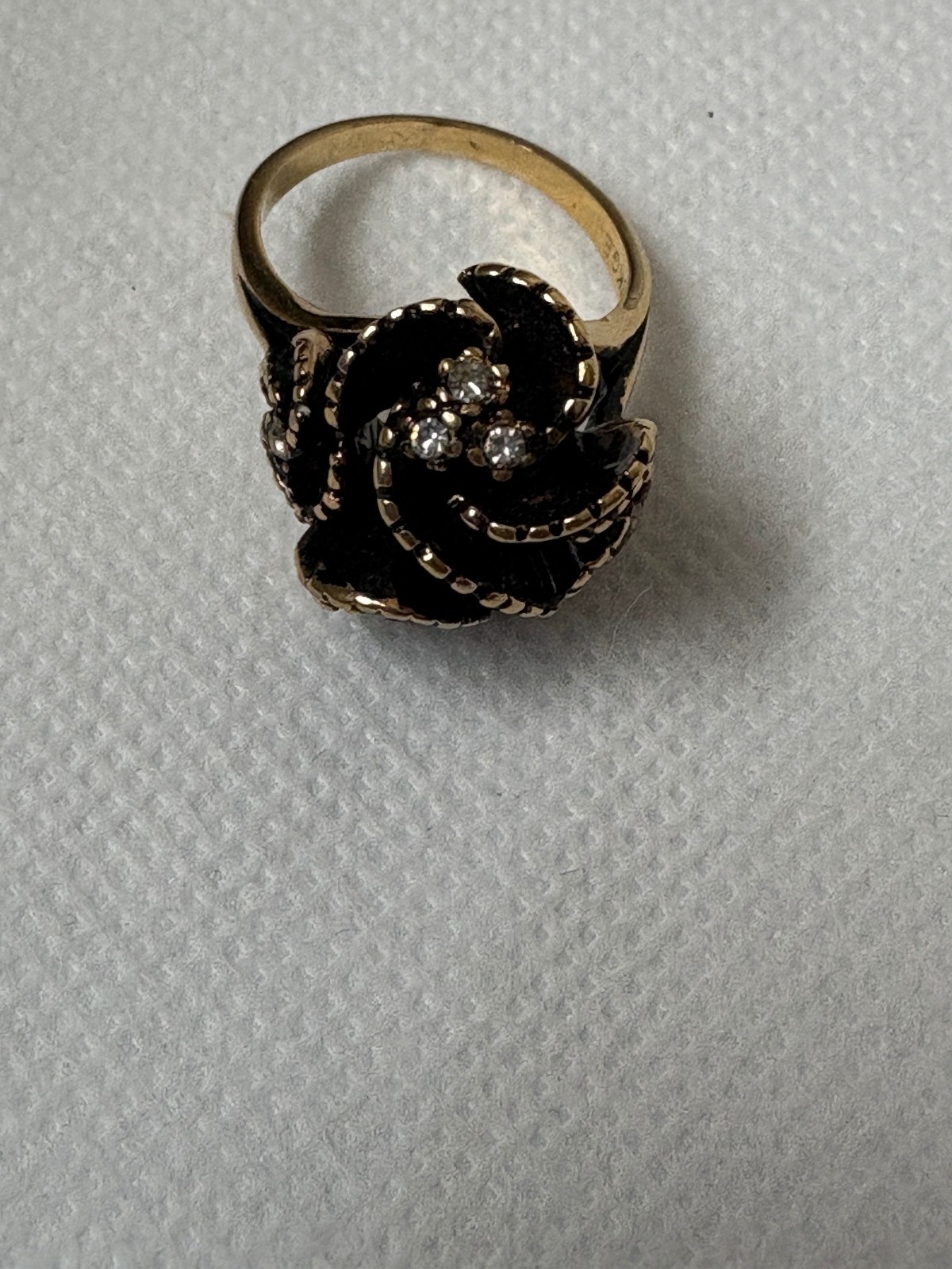 Vintage Gold-Tone Swirling Ring with Black Enamel and Clear Rhinestones, Gift-Ed