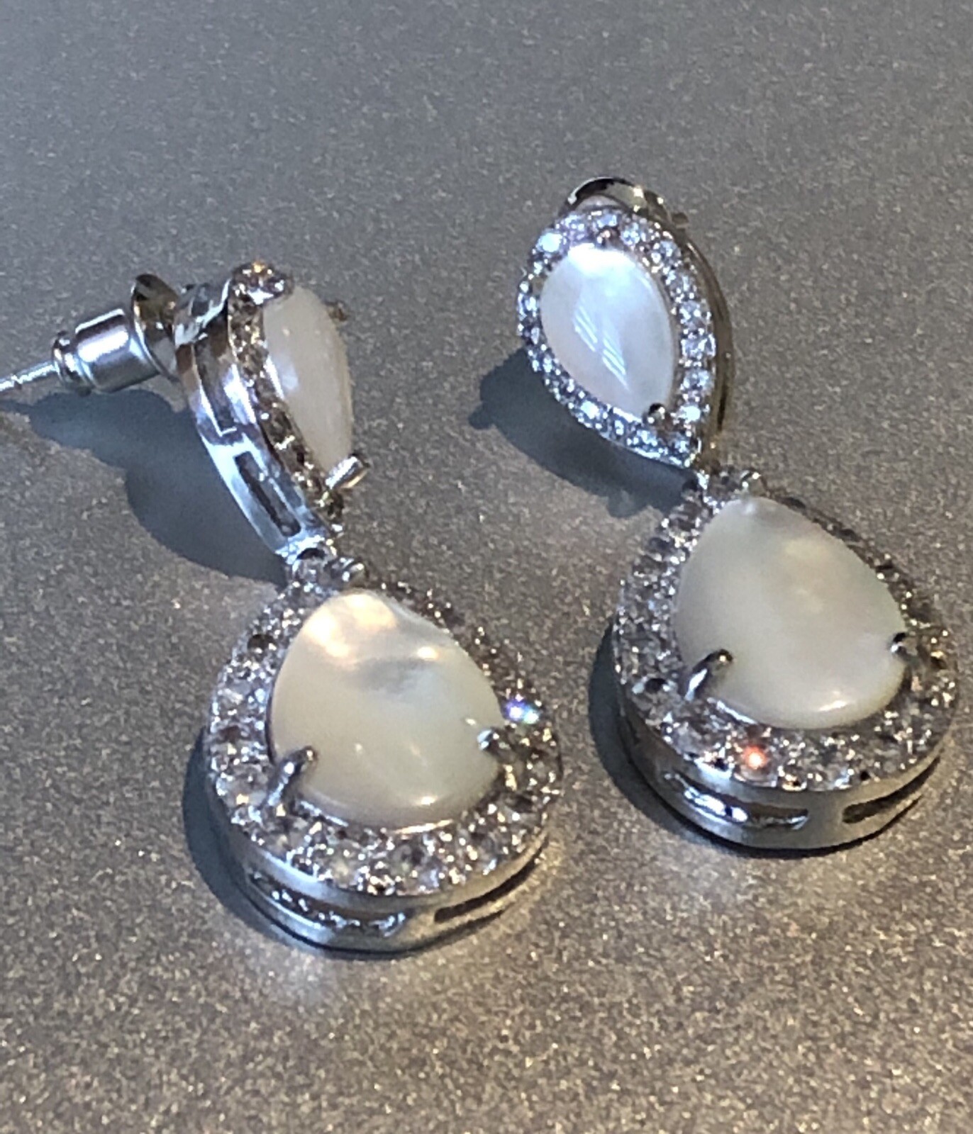 18k White Gold Plated Mother of Pearl Drop Earrings made w/ Swarovski Crystal