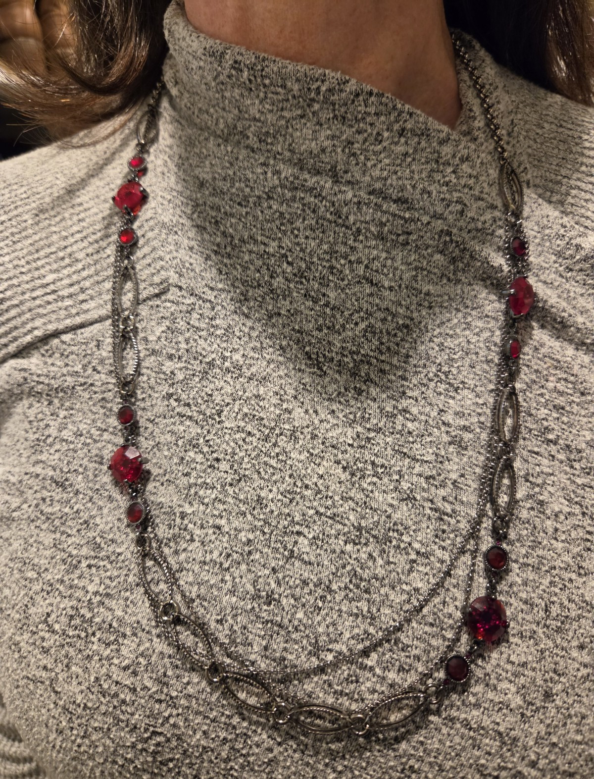 Gunmetal Grey snd Red Acrylic Gem Necklace Bracelet And Earrings Set