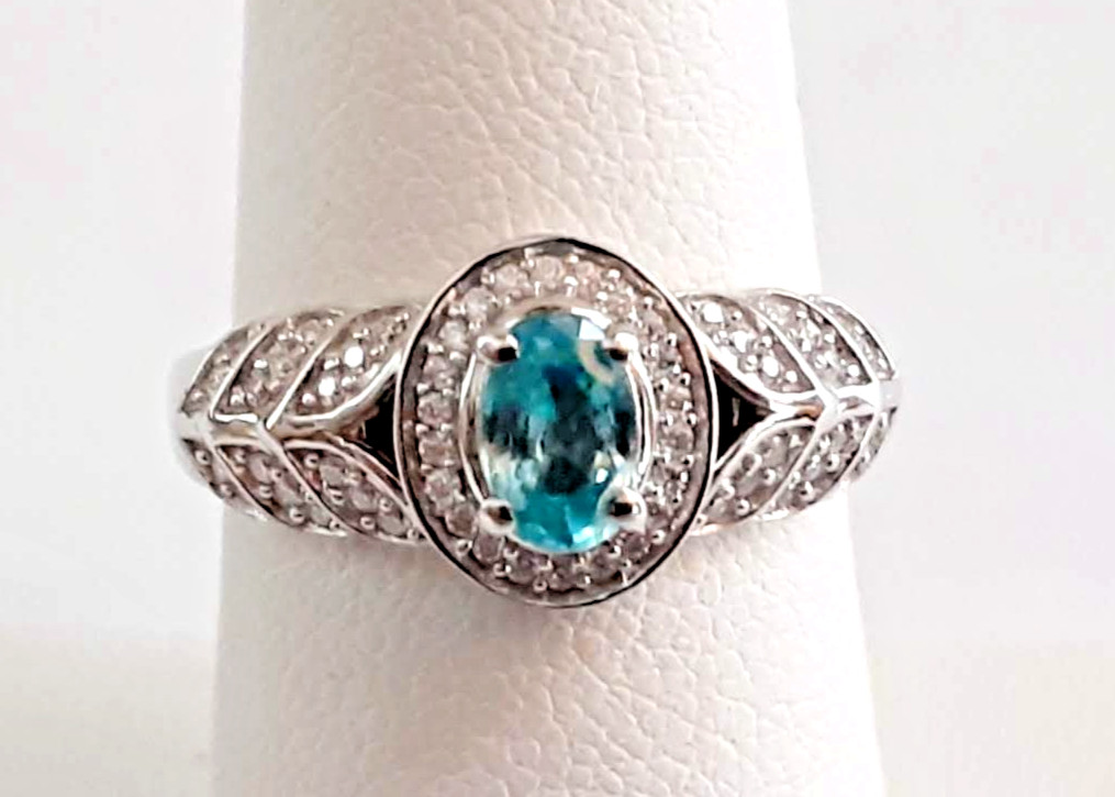 Cambodian Blue Zircon Moissanite Fern Leaf Ring S. Silver Rhodium Overlay Sz 7
