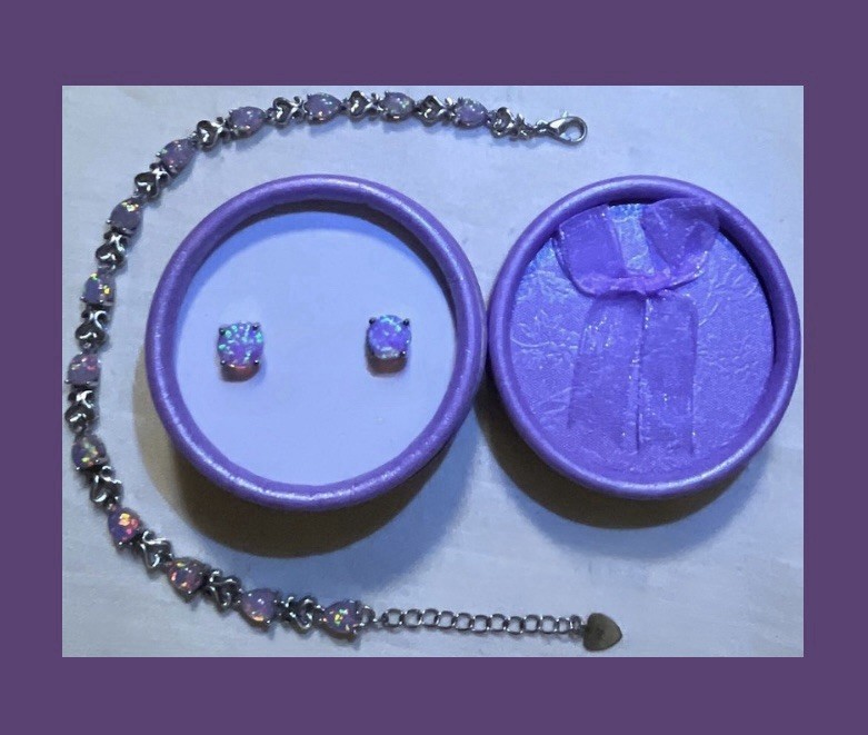 DEAL! Exquisite Purple Fire Opal Bracelet & 925SS 8mm Stud Earrings Set